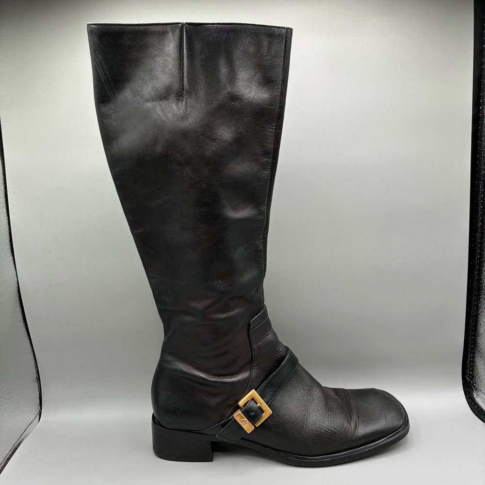 Etienne Aigner Idaho Tall Riding Boots Womens 7.5M Black Zip Leather Block Heel